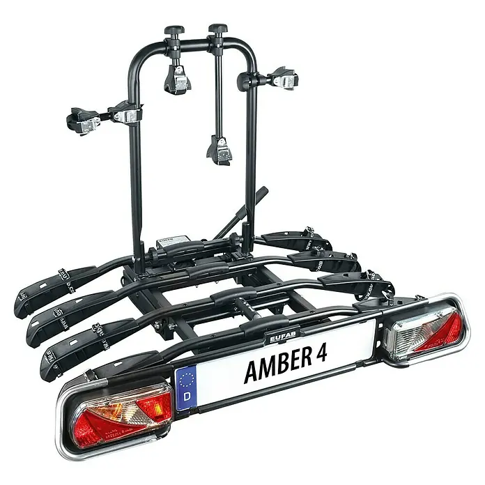 Eufab Fahrradträger Amber IV - Geeignet für: 4 Fahrräder, Passend für: Fahrzeuge mit Anhängerkupplung - Nahaufnahme eines Eufab Amber 4 Fahrradträgers für die Anhängerkupplung, ideal für den Transport von bis zu vier Fahrrädern.