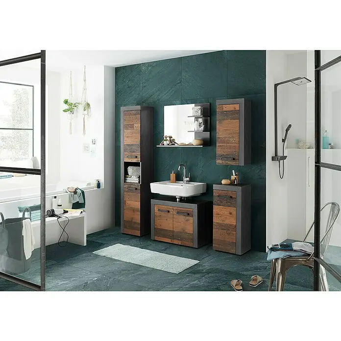 Trendteam Indy Unterschrank - 36 x 31 x 81 cm, Matera/Old Wood - Ein Badezimmer mit einem Waschtisch mit Unterschrank, einem Spiegelschrank und zwei Hochschränken mit Holzfronten und grauen Rahmen.