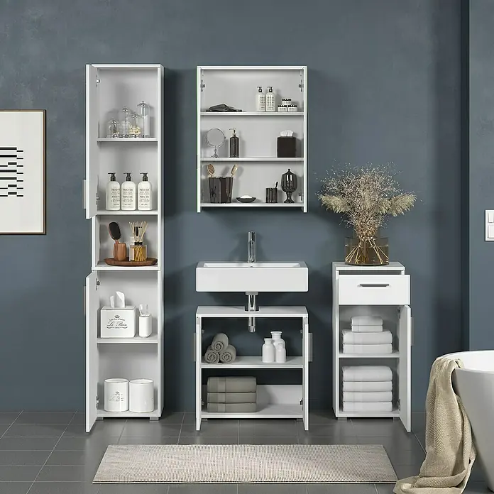 Trendteam Wons Spiegelschrank - B x H: 60 x 78 cm, Ohne Beleuchtung, Holz, Weiß - Elegantes Badezimmer-Set in Weiß mit Waschbecken, Schränken und Spiegel für stilvolle Badezimmerausstattung.
