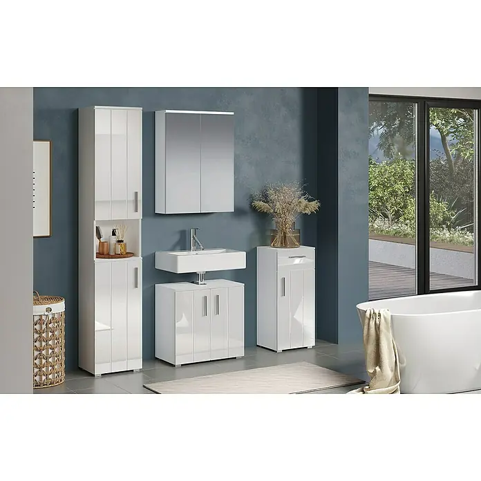 Trendteam Wons Unterschrank - 37 x 31 x 83 cm, Weiß - Elegantes Badezimmer-Set in Weiß Hochglanz: Waschtisch mit Unterschrank, Spiegelschrank und Hochschrank bieten stilvollen Stauraum für Ihr Bad.
