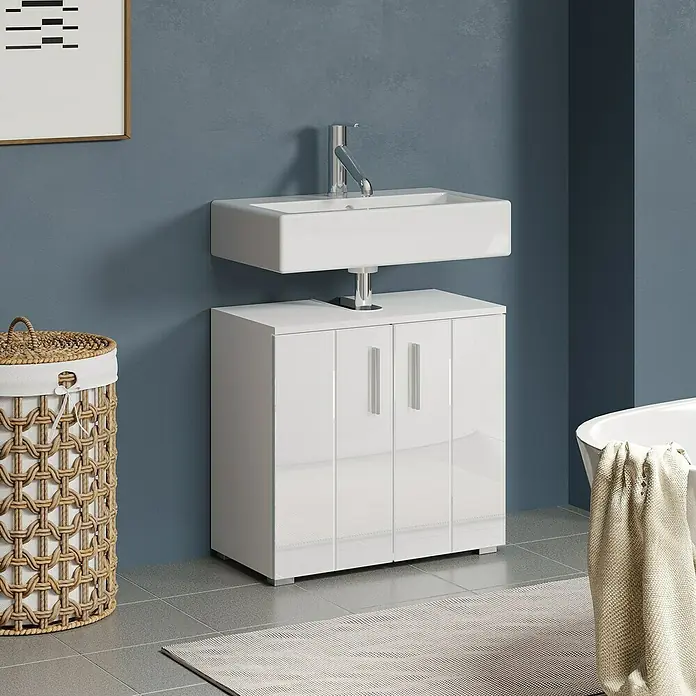 Trendteam Wons Waschbeckenunterschrank - B x T x H: 60 x 34 x 58 cm, Weiß - Weißer Badezimmerschrank mit Waschbecken und zwei Türen. Praktische Badmöbel für ein modernes Badezimmerdesign mit Stauraum.