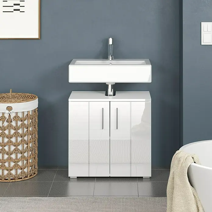 Trendteam Wons Waschbeckenunterschrank - B x T x H: 60 x 34 x 58 cm, Weiß - Das Bild zeigt einen modernen Waschtisch mit glänzend weißen Schranktüren in einem stilvollen Badezimmer.