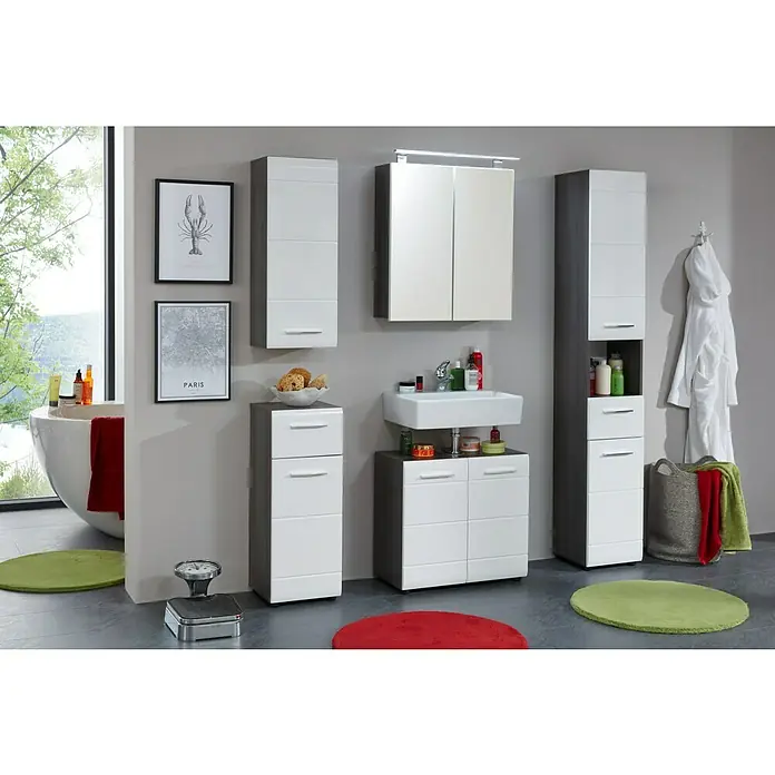 Trendteam Line Waschtischunterschrank - 60 x 31 x 57 cm, Sardegna Silber/Weiß, Glänzend - Modernes Badezimmer-Interieur mit weißen und grauen Badmöbeln, darunter Hochschränke, Waschbeckenunterschrank und Spiegelschrank. Stilvolles Design.