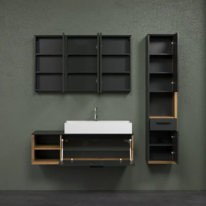 Trendteam Synnax Waschtischunterschrank - 120 x 45 x 36 cm, Coast Evoke Eiche/Anthrazit, Matt - Badezimmer-Set mit Waschbecken, Hängeschränken und Hochschrank in Schwarz und Holzoptik. Moderne Badmöbel für stilvolles Ambiente.
