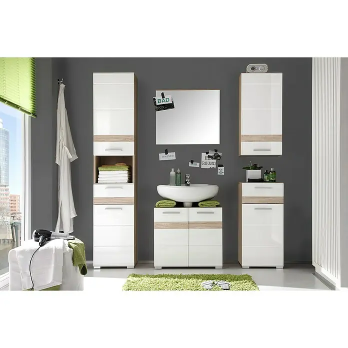 Trendteam Set-One Wandspiegel - 60 x 55 cm, Eiche San Remo - Ein Badezimmer mit weißen und holzfarbenen Möbeln, einem Waschbecken und einem Spiegel, das eine elegante und moderne Atmosphäre ausstrahlt.
