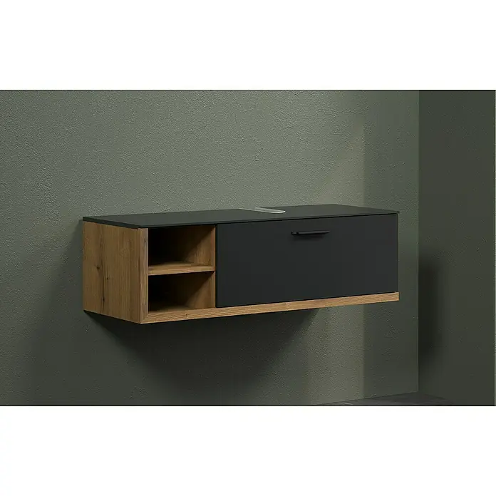 Trendteam Synnax Waschtischunterschrank - 120 x 45 x 36 cm, Coast Evoke Eiche/Anthrazit, Matt - Stilvoller Hängeunterschrank in Holzoptik mit schwarzer Schublade, ideal für moderne Badezimmer und Wohnbereiche.