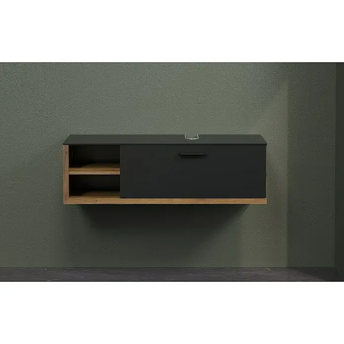 Trendteam Synnax Waschtischunterschrank - 120 x 45 x 36 cm, Coast Evoke Eiche/Anthrazit, Matt - Eine moderne, an der Wand montierte Medieneinheit mit Holzregalen und einer dunklen Schublade, die stilvollen Stauraum bietet.
