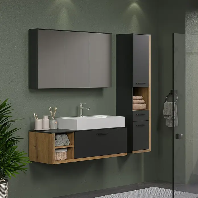 Trendteam Synnax Badmöbel-Set - 120 cm, Coast Evoke Eiche/Anthrazit, Matt, Maße Waschbecken: B: 80 cm - Modernes Badezimmer-Interieur mit Waschbeckenunterschrank, Spiegelschrank und Hochschrank in Grau und Holzoptik.