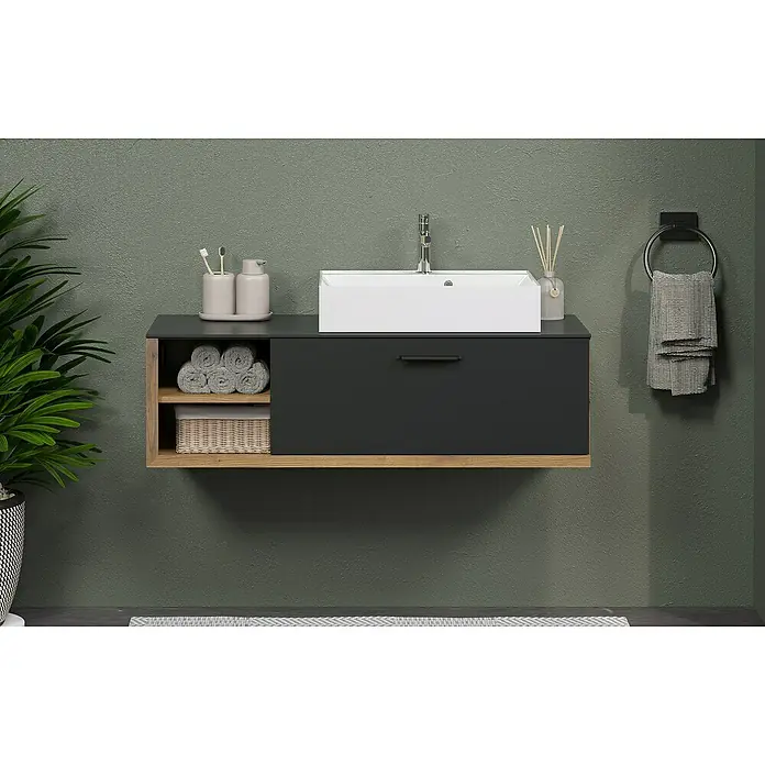Trendteam Synnax Badmöbel-Set - 120 cm, Coast Evoke Eiche/Anthrazit, Matt, Maße Waschbecken: B: 60 cm - Moderne Badezimmer-Waschtischkombination mit weißem Aufsatzwaschbecken, dunkler Schublade und offenem Holzregal für Handtücher und Accessoires.