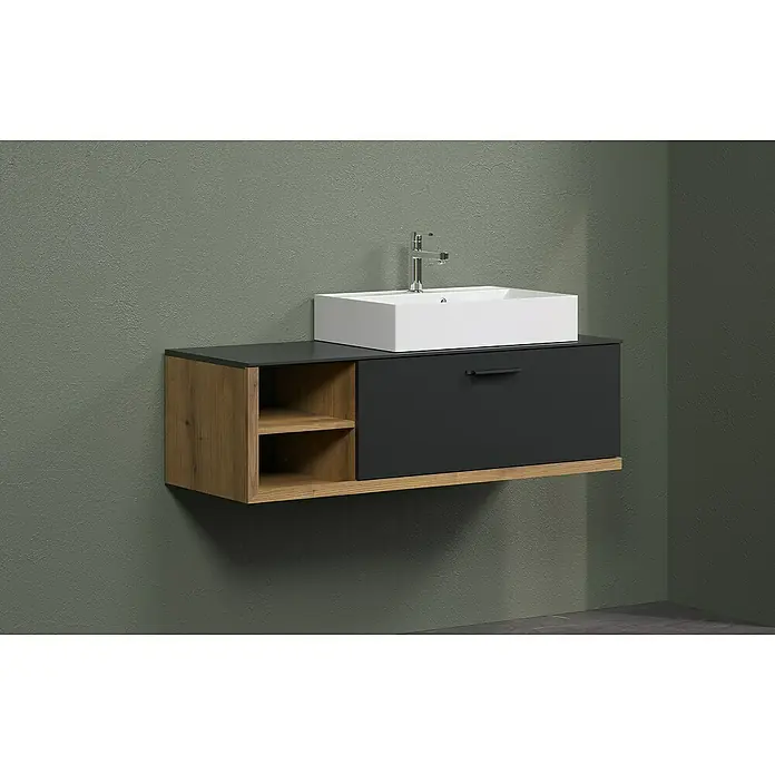 Trendteam Synnax Badmöbel-Set - 120 cm, Coast Evoke Eiche/Anthrazit, Matt, Maße Waschbecken: B: 60 cm - Modernes Waschbecken mit Unterschrank in Holz und Anthrazit, hängend montiert. Elegantes Design für Badezimmer.