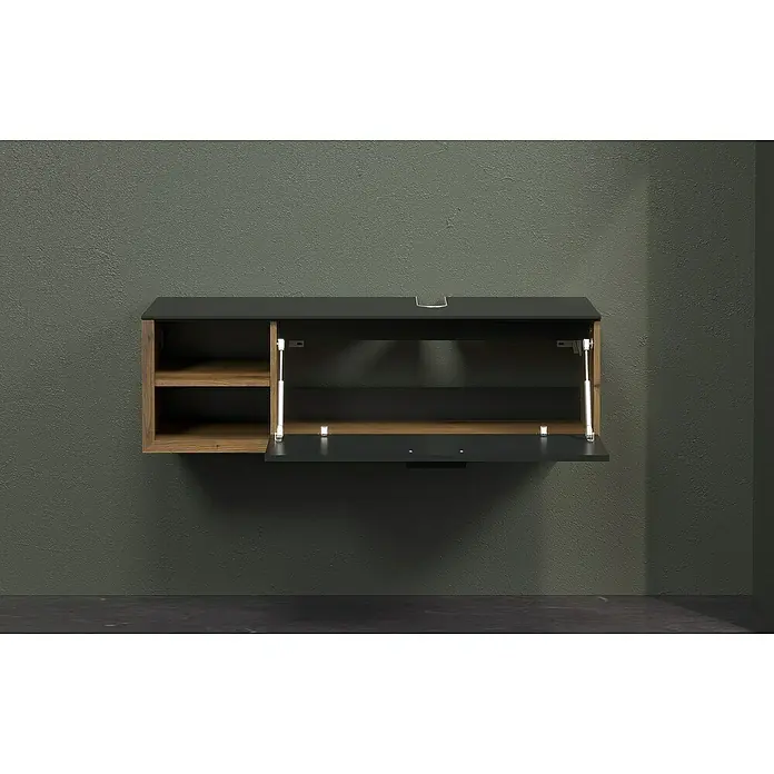 Trendteam Synnax Waschtischunterschrank - 120 x 45 x 36 cm, Coast Evoke Eiche/Anthrazit, Matt - Wandhängender Mediaschrank in modernem Design mit offenem Fach und Klappe, ideal für stilvolle Mediengeräteaufbewahrung im Wohnbereich.