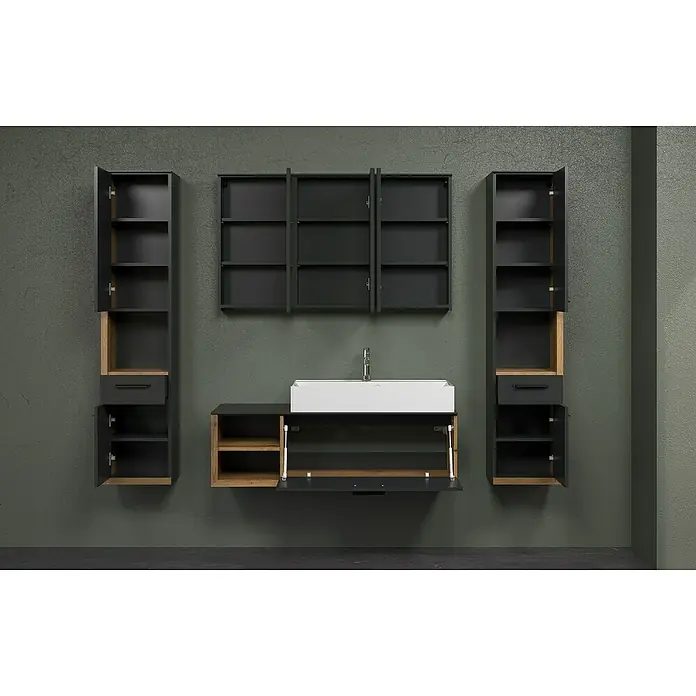 Trendteam Synnax Badmöbel-Set - 120 cm, Coast Evoke Eiche/Anthrazit, Matt, Maße Waschbecken: B: 60 cm - Das moderne Badezimmer-Set mit Waschbecken, Schränken und Spiegel bietet stilvollen Stauraum und eine zeitgemäße Ästhetik.