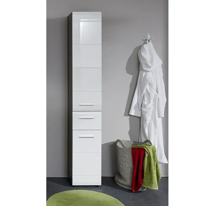 Trendteam Line Hochschrank - 30 x 31 x 182 cm, Sardegna Silber/Weiß - Das Bild zeigt einen weißen Badezimmerschrank mit Schubladen, der durch sein schlichtes Design und die glänzende Oberfläche besticht.