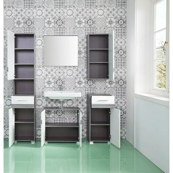 Trendteam Set-One Unterschrank - 37 x 31 x 80 cm, Sardegna Silber/Weiß - Ein modernes Badezimmer-Set mit Waschbecken, Spiegel und grauen Schränken mit weißen Türen bietet stilvollen Stauraum.