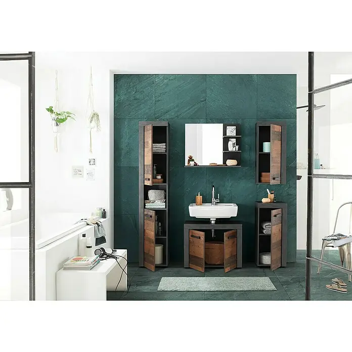 Trendteam Indy Ablagespiegel - 72 x 20 x 57 cm, Matera - Modernes Badezimmer-Interieur mit Waschbecken, Spiegel und rustikalen Holzschränken vor einer grünen Wand für ein stilvolles Ambiente.