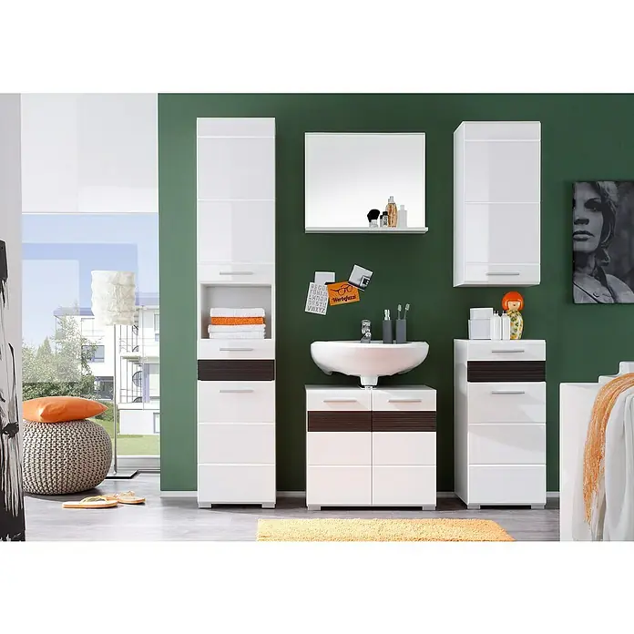 Trendteam Mezzo Unterschrank - 37 x 31 x 79 cm, Weiß/Melinga Dark Oak - Das Foto zeigt eine moderne Badezimmereinrichtung in Weiß mit braunen Akzenten, inklusive Waschbecken, Spiegel und Schränken.