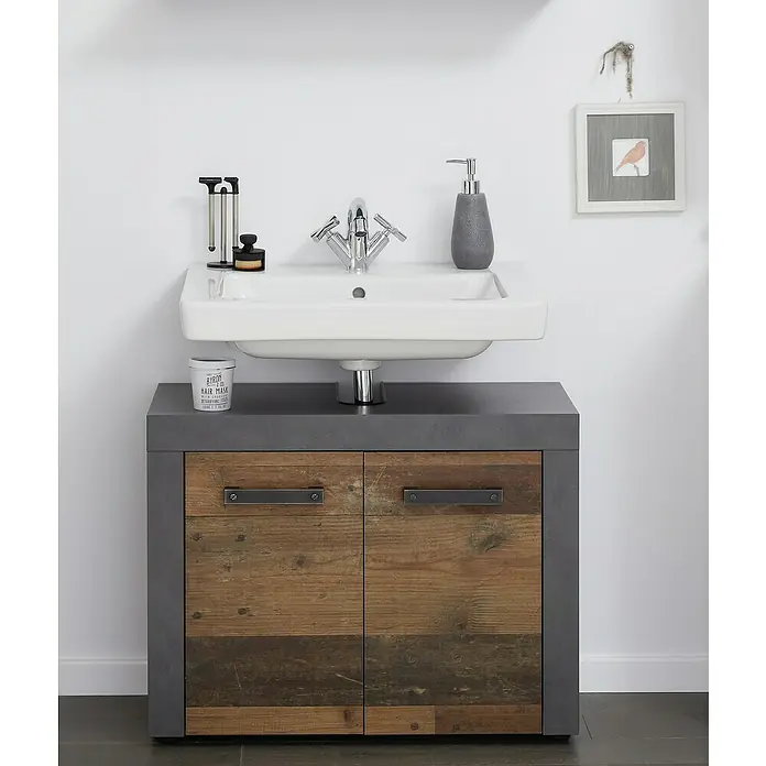 Trendteam Indy Waschtischunterschrank - 72 x 34 x 56 cm, Matera/Old Wood, Matt - Waschbeckenunterschrank mit rustikalen Holztüren und grauer Oberfläche, ideal für moderne Badezimmer.