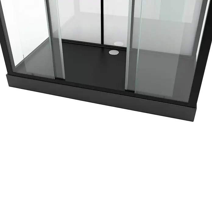 Aurlane Cabina de ducha completa Indus - 160 x 70 x 215 cm, Antracita/Metálico plateado - Primer plano de una base de vitrina negra con puertas correderas de vidrio, ideal para exhibir coleccionables.