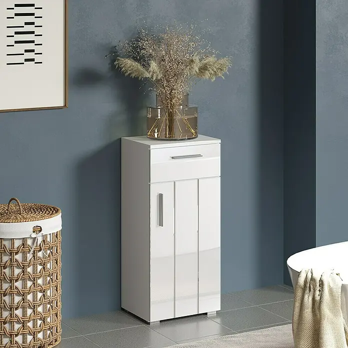 Trendteam Wons Unterschrank - 37 x 31 x 83 cm, Weiß - Ein Badezimmer-Waschtisch in Weiß mit einer Schublade und einer Tür bietet stilvollen Stauraum für Badutensilien und verleiht dem Raum Eleganz.