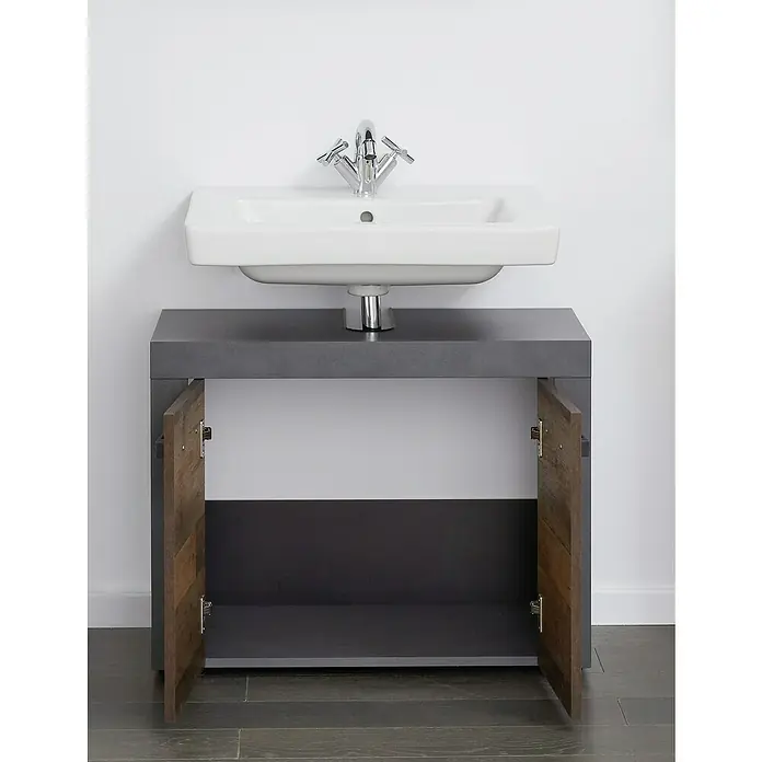 Trendteam Indy Waschtischunterschrank - 72 x 34 x 56 cm, Matera/Old Wood, Matt - Modernes Badezimmerwaschbecken mit Unterschrank. Das Waschbecken ist aus weißer Keramik und der Schrank hat graue Fronten mit Holzdetails.