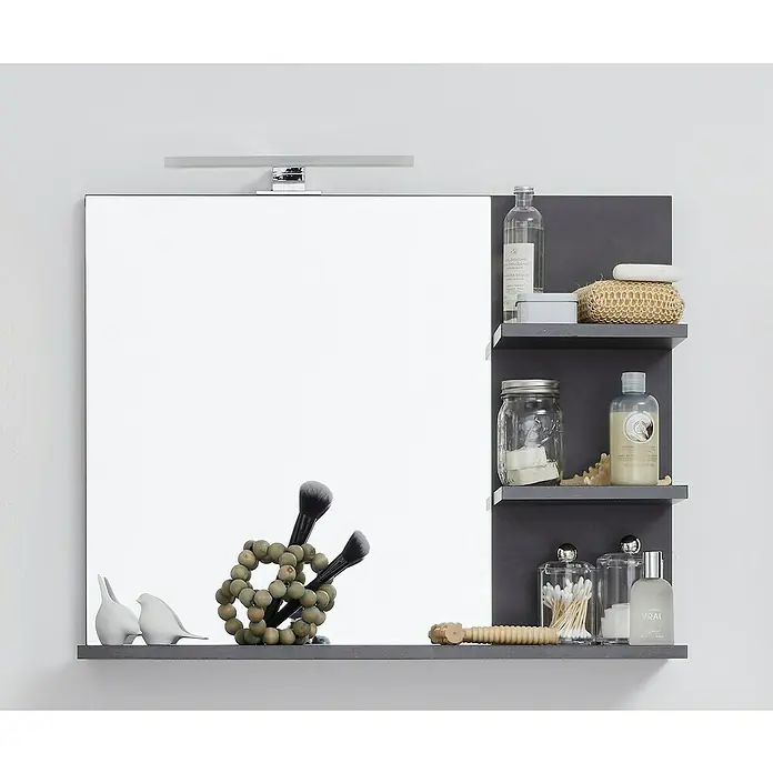 Trendteam Indy Ablagespiegel - 72 x 20 x 57 cm, Matera - Badezimmerspiegel mit integrierten Regalen zur Aufbewahrung von Badutensilien, beleuchtet durch eine elegante Leuchte.
