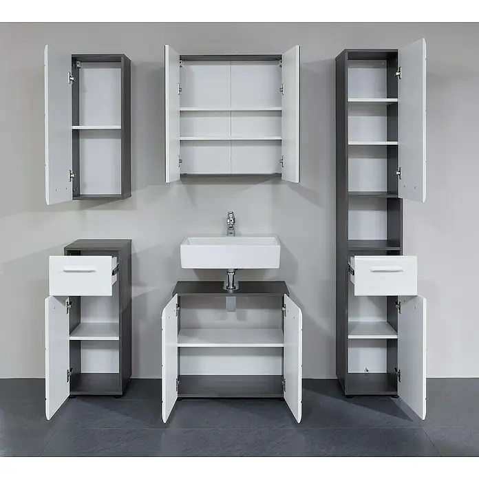 Trendteam Line Spiegelschrank - B x H: 60 x 67 cm, Ohne Beleuchtung, Holz, Sardegna Rauchsilber - Badezimmer-Set mit Waschbeckenunterschrank, Hängeschrank und Hochschrank in Grau und Weiß. Praktische Badmöbel für mehr Stauraum.