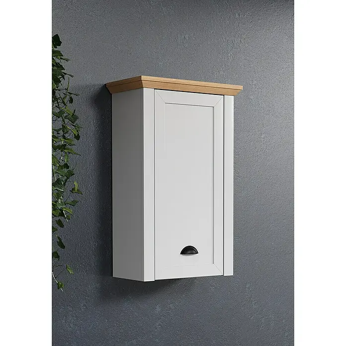 Trendteam Landside Hängeschrank - 46 x 24 x 73 cm, Lichtgrau/Artisan Eiche - Wandschrank mit Holzakzent und schwarzem Griff vor einer grauen Wand.