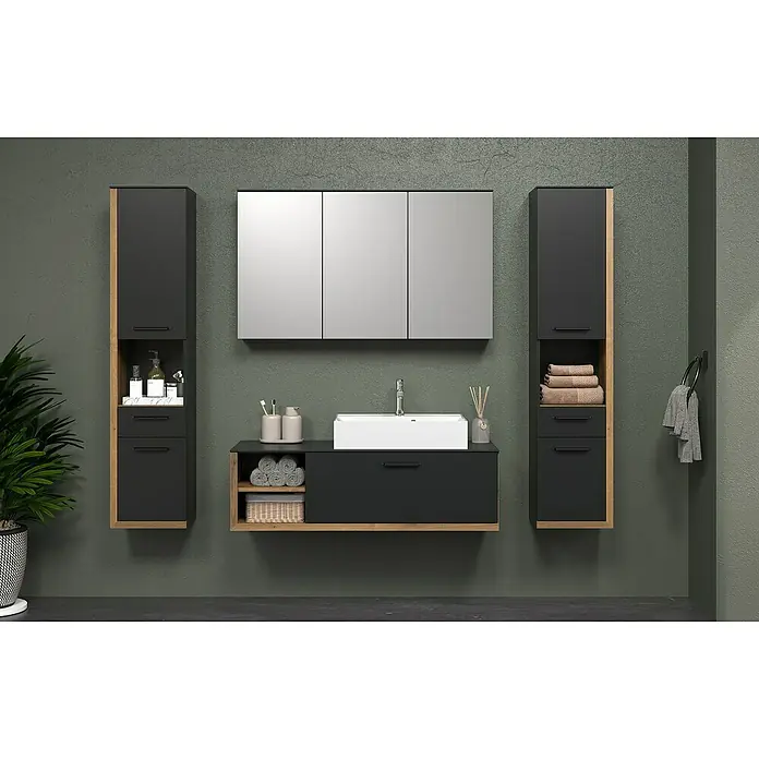 Trendteam Synnax Badmöbel-Set - 120 cm, Coast Evoke Eiche/Anthrazit, Matt, Maße Waschbecken: B: 80 cm - Badezimmer-Interieur mit modernem Waschtisch mit Unterschrank, Spiegel und Hochschränken in dunklem Holz und minimalistischem Design.