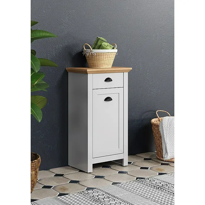 Trendteam Landside Bad-Beistellschrank - B x T x H: 46 x 33 x 84 cm, Lichtgrau/Artisan Eiche - Badezimmerschrank mit Schublade und Korb oben drauf, ideal für ein stilvolles Badezimmer.