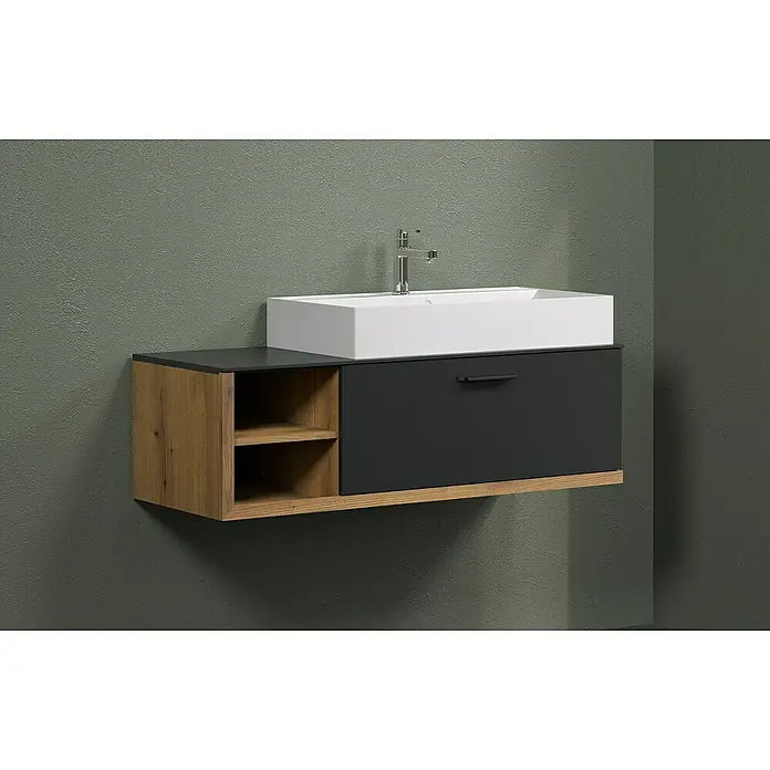 Trendteam Synnax Badmöbel-Set - 120 cm, Coast Evoke Eiche/Anthrazit, Matt, Maße Waschbecken: B: 80 cm - Modernes Badezimmer-Waschbecken mit Holzregal und grauer Schublade. Das Waschbecken ist rechteckig und weiß mit einem Chrom-Wasserhahn.