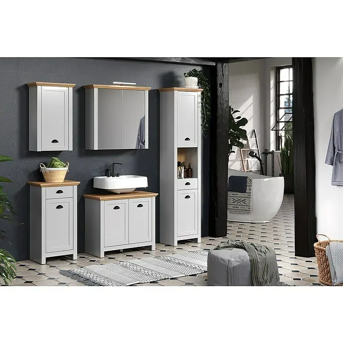 Trendteam Landside Hängeschrank - 46 x 24 x 73 cm, Lichtgrau/Artisan Eiche - Elegantes Badezimmer-Set in Grau mit Holzdetails: Spiegelschrank, Waschbeckenunterschrank und Hochschrank für ein stilvolles Ambiente.