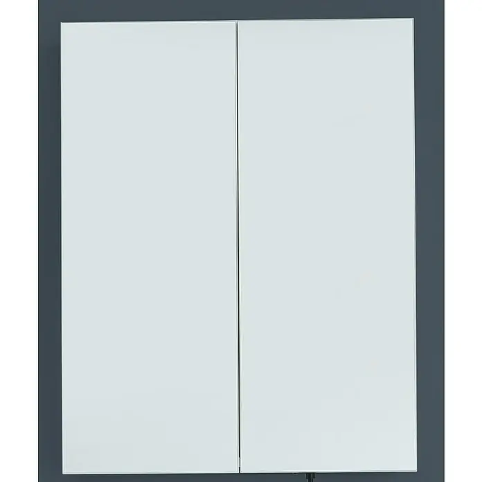 Trendteam Skin Spiegelschrank - B x H: 60 x 67 cm, Ohne Beleuchtung, Holz, Weiß - Aufnahme eines weißen Spiegelschranks mit zwei Türen und einem modernen Design vor einem grauen Hintergrund.