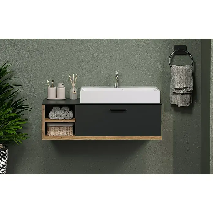 Trendteam Synnax Badmöbel-Set - 120 cm, Coast Evoke Eiche/Anthrazit, Matt, Maße Waschbecken: B: 80 cm - Moderne Badezimmerkonsole mit stilvollem Waschbecken und praktischem Stauraum. Ideal für jedes Badezimmerdesign.