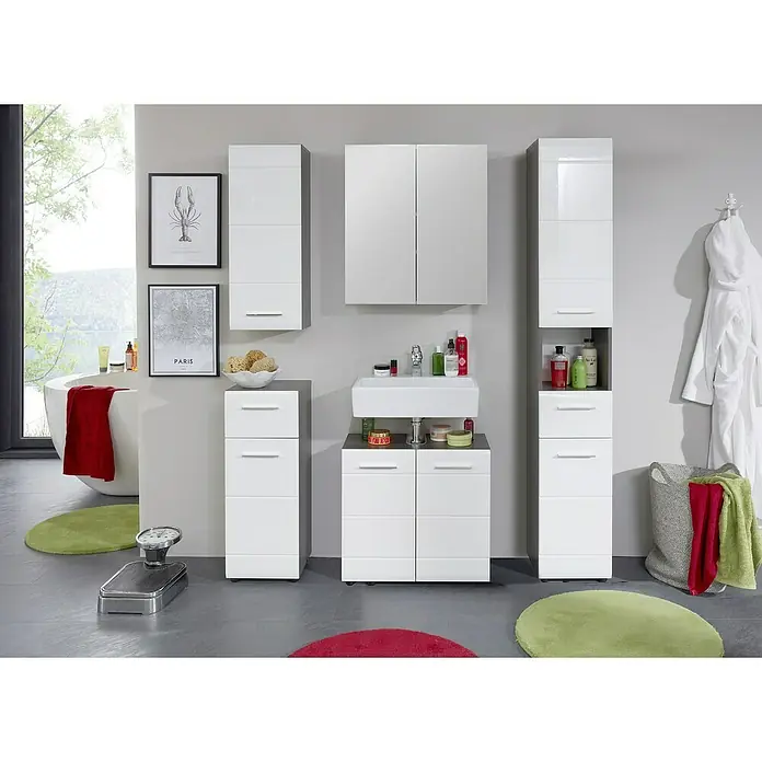 Trendteam Line Spiegelschrank - B x H: 60 x 67 cm, Ohne Beleuchtung, Holz, Sardegna Rauchsilber - Ein modernes Badezimmer-Set in Weiß mit Waschtischunterschrank, Spiegelschrank, Hochschränken und passendem Zubehör für ein stilvolles Ambiente.