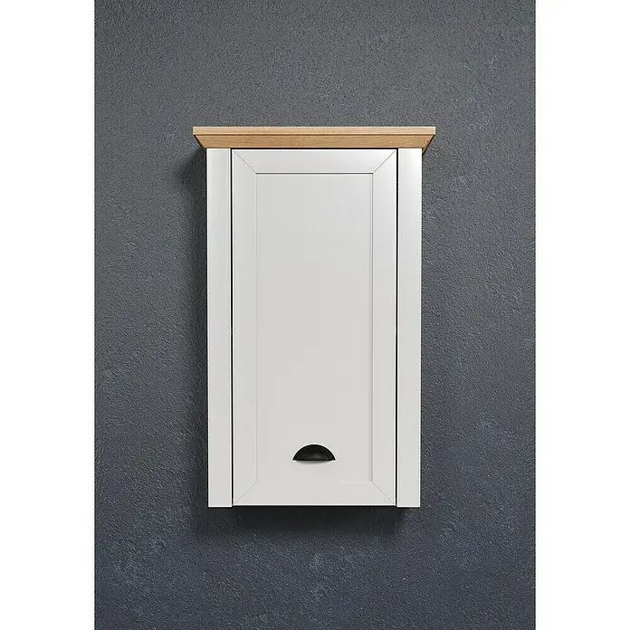 Trendteam Landside Hängeschrank - 46 x 24 x 73 cm, Lichtgrau/Artisan Eiche - Aufnahme eines weißen Wandschranks mit einem dunklen halbrunden Griff und einer Holzplatte oben auf einem grauen Hintergrund.