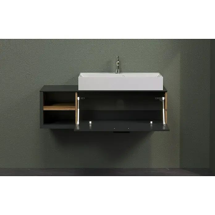 Trendteam Synnax Badmöbel-Set - 120 cm, Coast Evoke Eiche/Anthrazit, Matt, Maße Waschbecken: B: 80 cm - Moderner Waschtisch mit offenem Schrankelement und Kipptür. Das Waschbecken ist rechteckig und weiß, die Armatur ist verchromt.