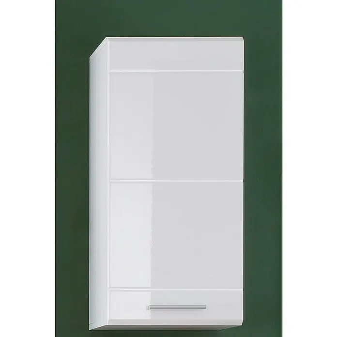 Trendteam Mezzo Hängeschrank - 37 x 23 x 77 cm, Weiß/Melinga Dark Oak - Ein hochglänzender, weißer Hängeschrank mit minimalistischem Design, der sich ideal für moderne Badezimmer oder Küchen eignet.