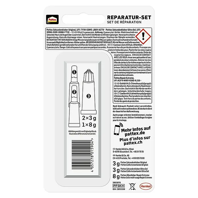 Pattex Kleber-Set Reparatur-Set - 3 -tlg., 1 x Pattex Sekundenkleber Flüssig 3 g, 1 x Pattex Sekundenkleber Ultra Gel 3 g, 1 x Pattex 100 % Repair Powerkleber 8 g - Pattex Reparatur-Set: Enthält Sekundenkleber Original und Ultra Gel sowie Alleskleber Repair Extreme für vielseitige Reparaturen.