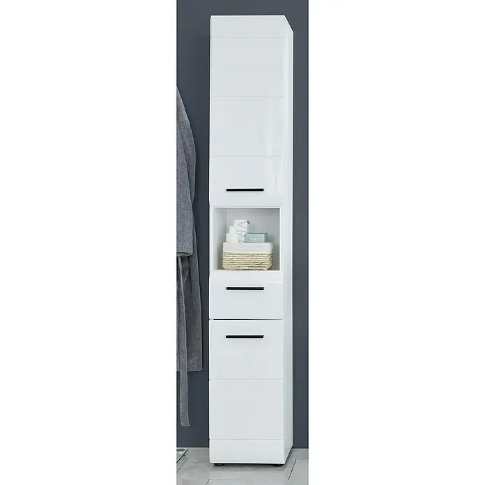 Trendteam Skin Bad-Hochschrank - B x T x H: 30 x 31 x 182 cm, Weiß - Weißer Badezimmerschrank mit Schubladen und offenem Fach zur Aufbewahrung von Badartikeln. Moderner Stil, ideal für jedes Badezimmer.
