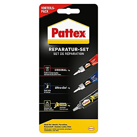Pattex Kleber-Set Reparatur-Set (3 -tlg., 1 x Pattex Sekundenkleber Flüssig 3 g, 1 x Pattex Sekundenkleber Ultra Gel 3 g, 1 x Pattex 100 % Repair Powerkleber 8 g)