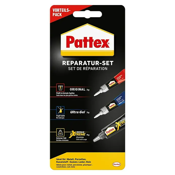 Pattex Kleber-Set Reparatur-Set - 3 -tlg., 1 x Pattex Sekundenkleber Flüssig 3 g, 1 x Pattex Sekundenkleber Ultra Gel 3 g, 1 x Pattex 100 % Repair Powerkleber 8 g - Pattex Reparatur-Set mit drei verschiedenen Klebern für vielfältige Anwendungen im Haushalt und bei Reparaturen.