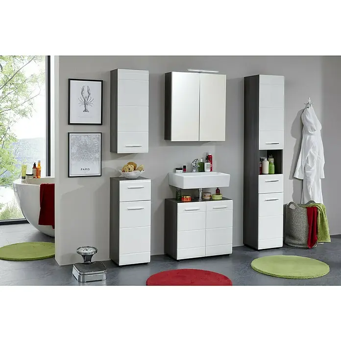 Trendteam Line Unterschrank - 30 x 31 x 80 cm, Sardegna Silber/Weiß - Ein stilvolles Badezimmer-Set mit weißen und grauen Elementen, inklusive Waschbeckenunterschrank, Hochschrank und Wandspiegel.