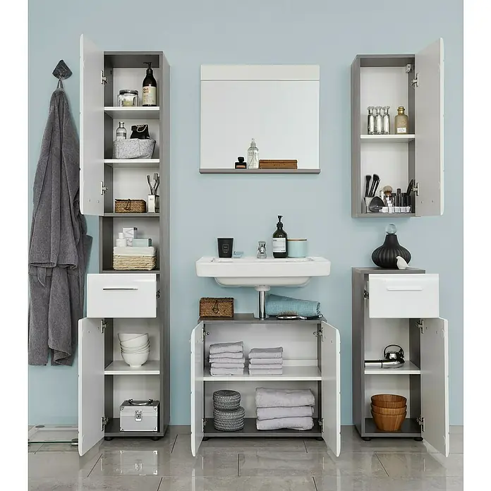 Trendteam Line Unterschrank - 30 x 31 x 80 cm, Sardegna Silber/Weiß - Helles Badezimmer-Set mit Waschbeckenunterschrank, Hochschrank und Hängeschrank in Grau und Weiß für ein modernes Ambiente.