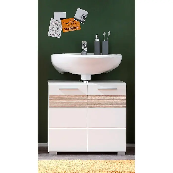 Trendteam Mezzo Waschtischunterschrank - 60 x 34 x 56 cm, Weiß/Eiche Sägerau hell, Glänzend - Modernes Badezimmer-Waschbecken mit Unterschrank. Elegantes Design mit Holzakzenten und praktischem Stauraum. Ideal für jedes Badezimmer.