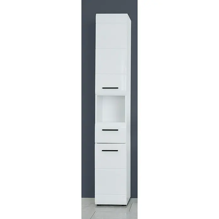 Trendteam Skin Bad-Hochschrank - B x T x H: 30 x 31 x 182 cm, Weiß - Ein hochglänzender, weißer Badschrank mit Schubladen und offenem Fach. Das Möbelstück bietet viel Stauraum und wirkt modern.