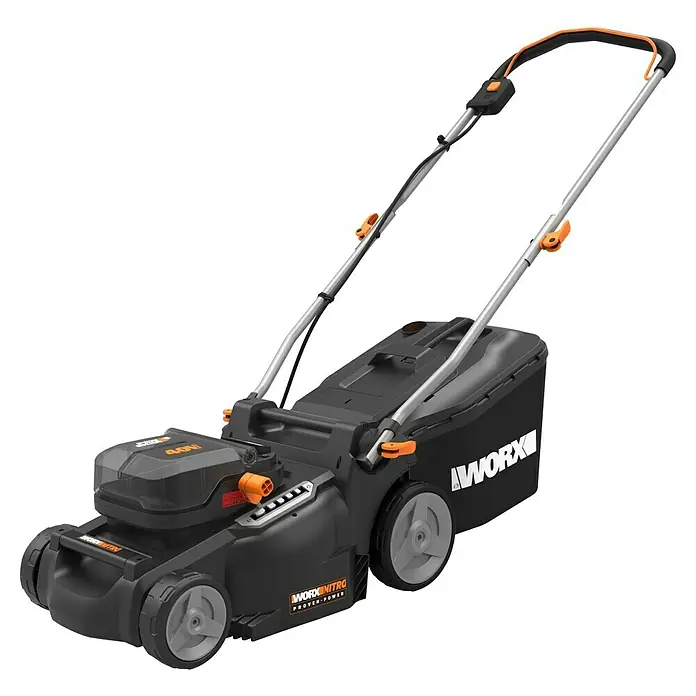 Worx PowerShare 20V Akku-Rasenmäher WG737E - 40 V, 2 Akkus, 4 Ah, Schnittbreite: 37 cm - Abbildung eines WORX Nitro Akku-Rasenmähers, der kabellose Leistung und Komfort für die Rasenpflege bietet.
