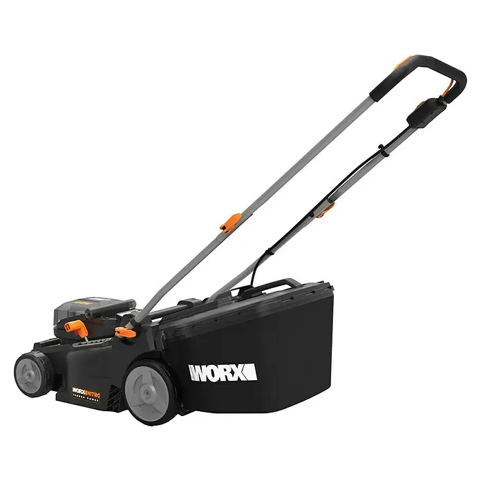 Worx PowerShare 20V Akku-Rasenmäher WG737E - 40 V, 2 Akkus, 4 Ah, Schnittbreite: 37 cm - Bild einer kabellosen WORX Nitro-Rasenmähers, ideal für effizientes und präzises Rasenmähen. Das Gerät ist robust und benutzerfreundlich.