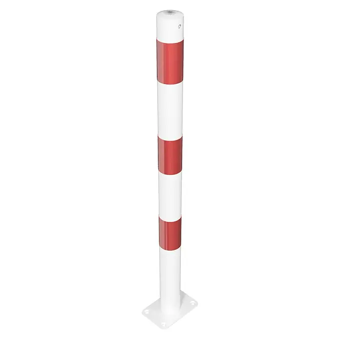 Schake Sperrpfosten - Ø x H: 60 x 900 mm, Stahl, Aufdübeln, Weiß/Rot, Ohne Öse - Auffälliger rot-weißer Leitpfosten mit Bodenbefestigung für mehr Sicherheit und bessere Sichtbarkeit.