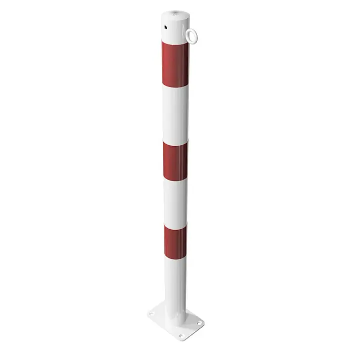 Schake Sperrpfosten - Ø x H: 60 x 900 mm, Stahl, Aufdübeln, Weiß/Rot, Öse - Absperrpfosten in Weiß und Rot, zur Verkehrssicherung und zum Schutz von Fußgängerbereichen. Robuste Ausführung mit Bodenplatte.