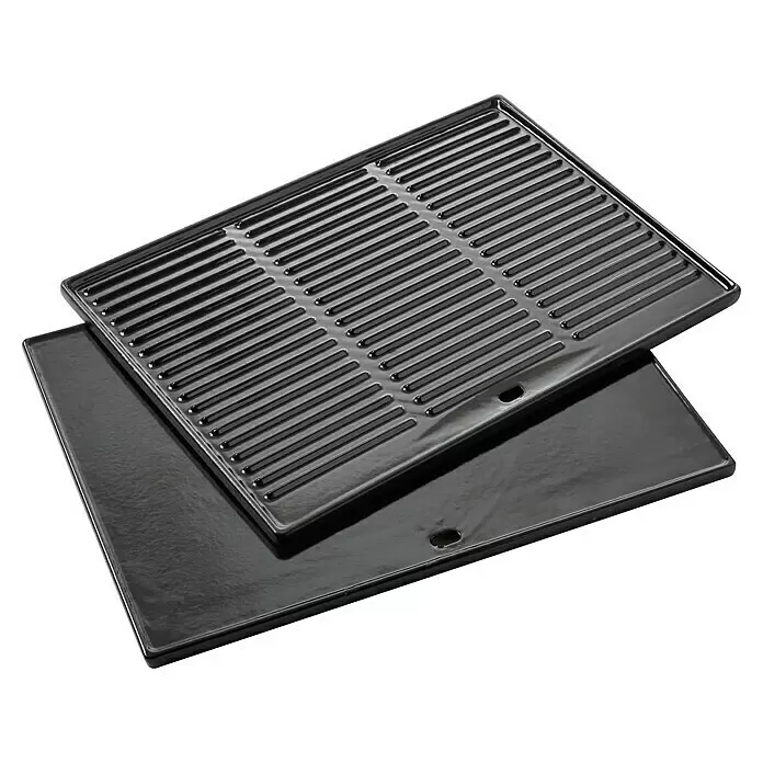 Barbecook Grillplatte Dynamic Core - L x B: 43 x 35 cm, Gusseisen - Zwei schwarze Gusseisen-Grillplatten, eine gerillt und eine flach.